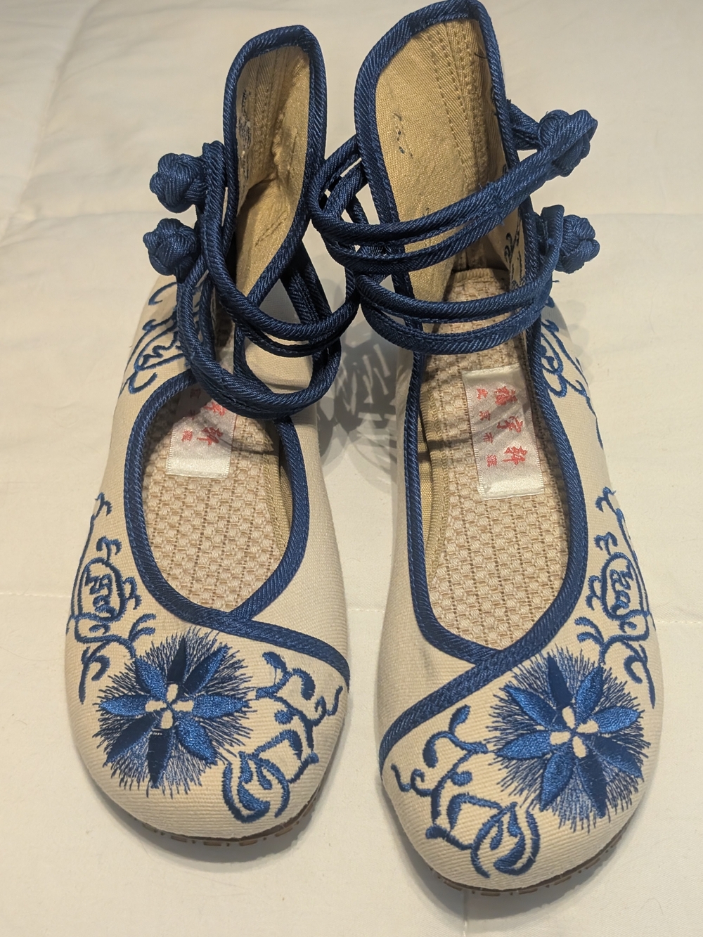 Embroidered Blue Floral Ankle-Tie Women’s Canvas Flats